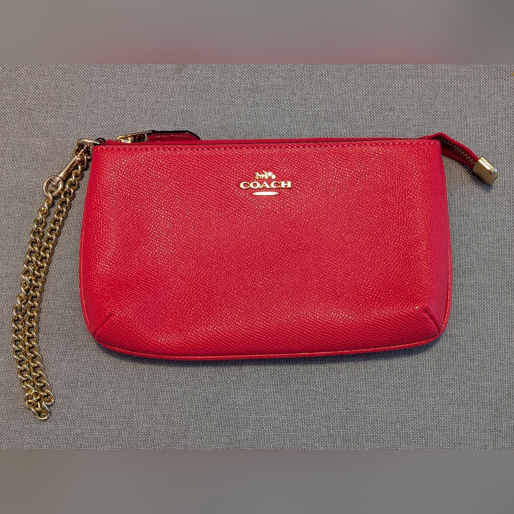 Bright Pink Coach Leather Wristlet Wallet with Gold Chain